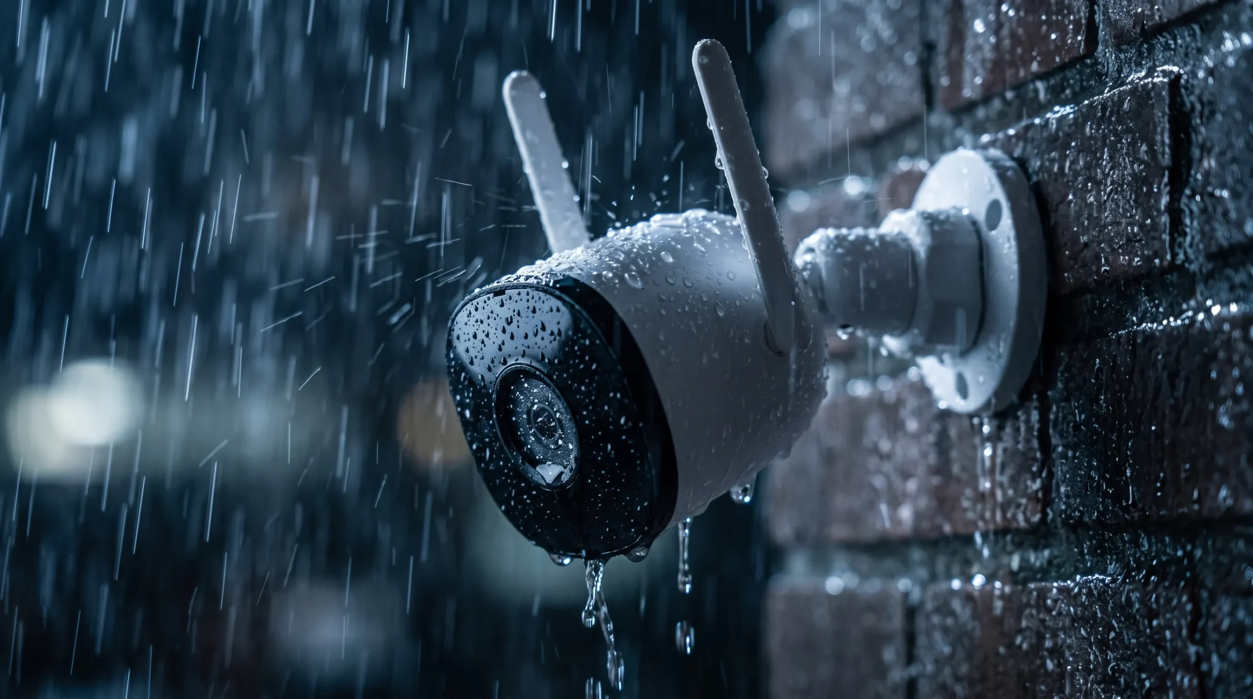 câmera de segurança externa resistente à chuva com certificação IP66 e gotas de água na superfície