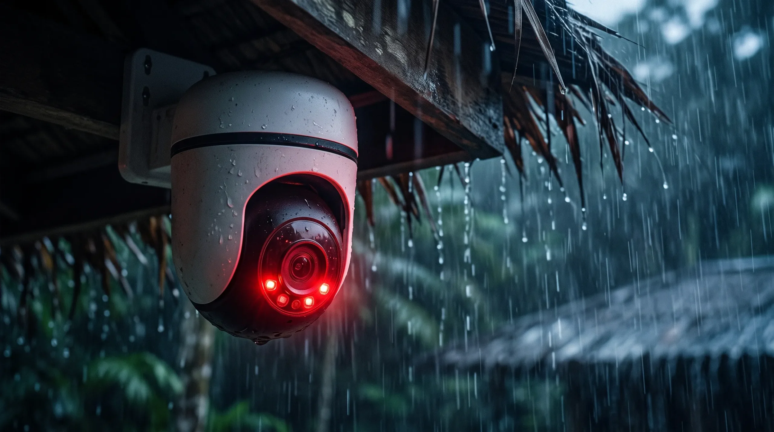 câmera de segurança externa sem fio resistente à chuva com LED infravermelho ativo instalada sob telhado