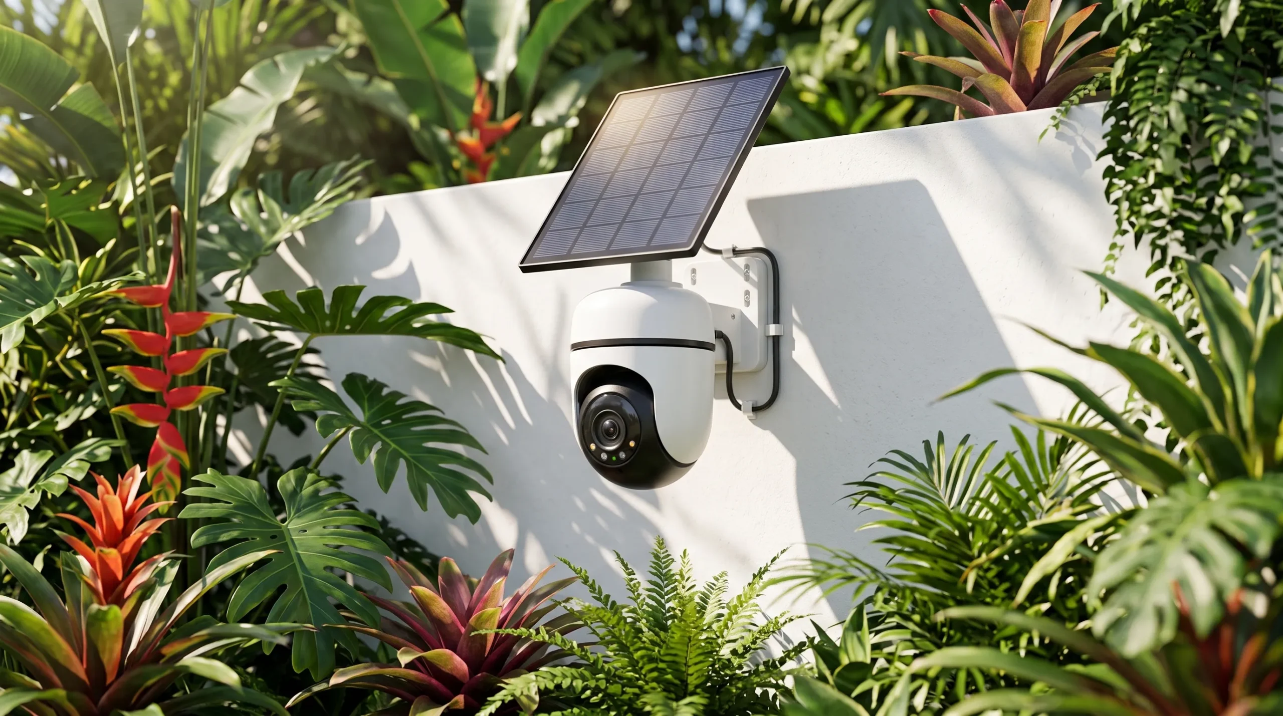 câmera de segurança sem fio alimentada por painel solar instalada em muro de jardim com vegetação tropical