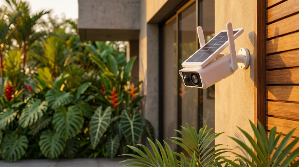 câmera de segurança sem fio com bateria instalada em parede externa de casa moderna com jardim tropical