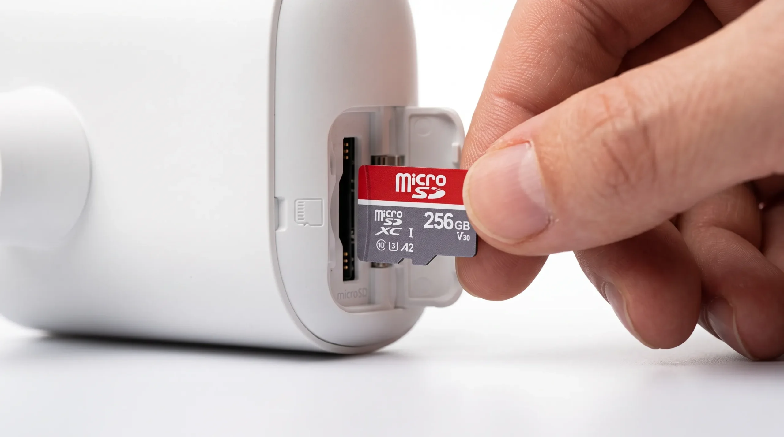 cartão microSD sendo inserido em câmera de segurança sem fio para armazenamento local sem mensalidade