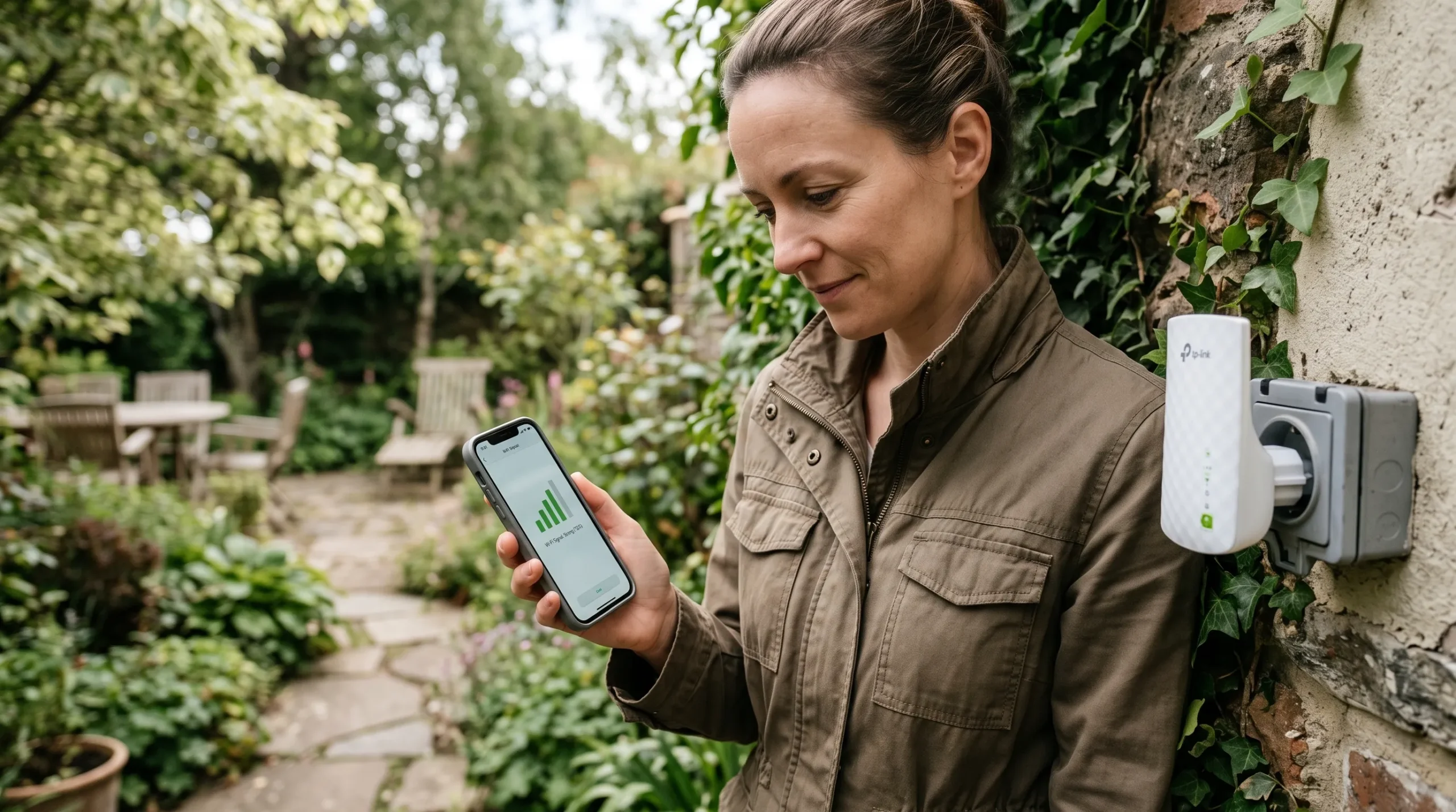 pessoa verificando sinal Wi-Fi com smartphone próximo ao local de instalação da câmera de segurança