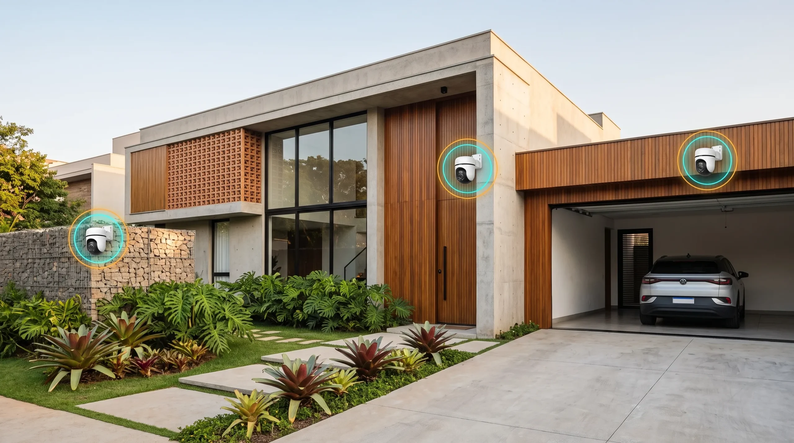 Cinematic wide shot of a modern Brazilian home exterior showing strategic security camera placement points highlighted on the facade, garden wall and garage, soft natural daylight, architectural editorial style, shot on Canon EOS R5, no text, no watermark
