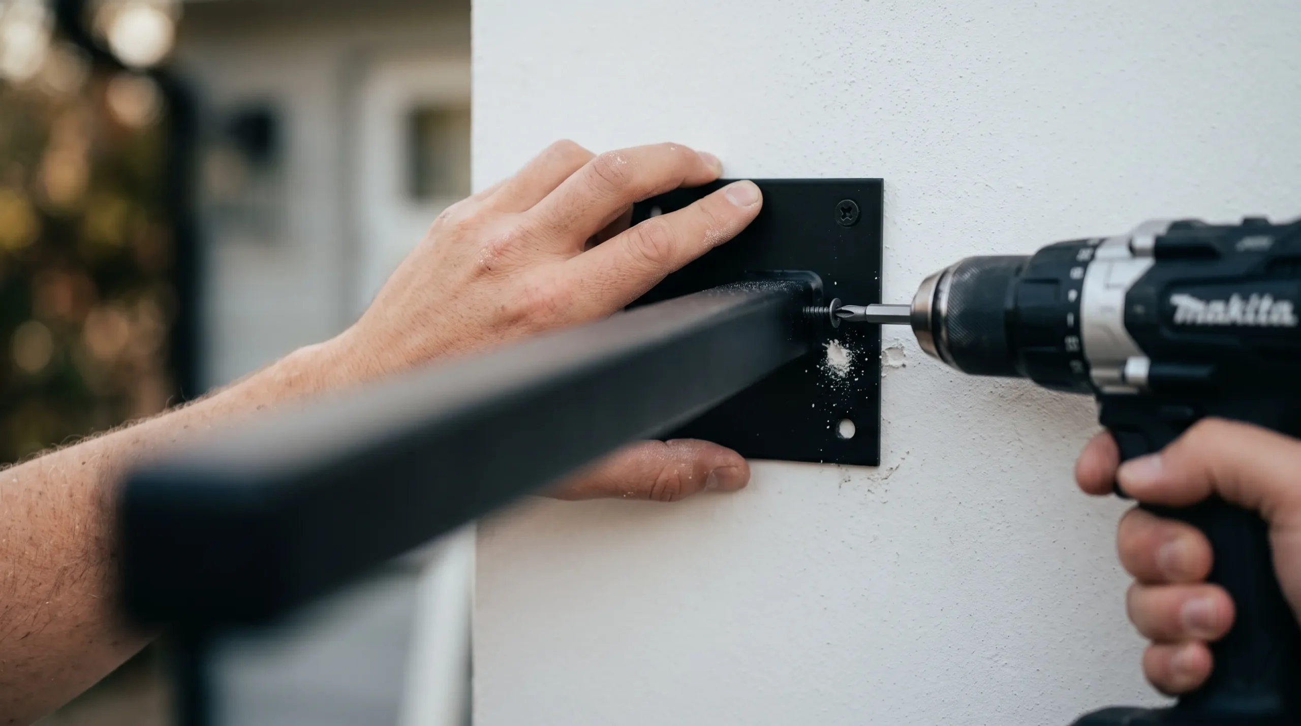 mãos instalando suporte articulado de câmera de segurança na parede com furadeira