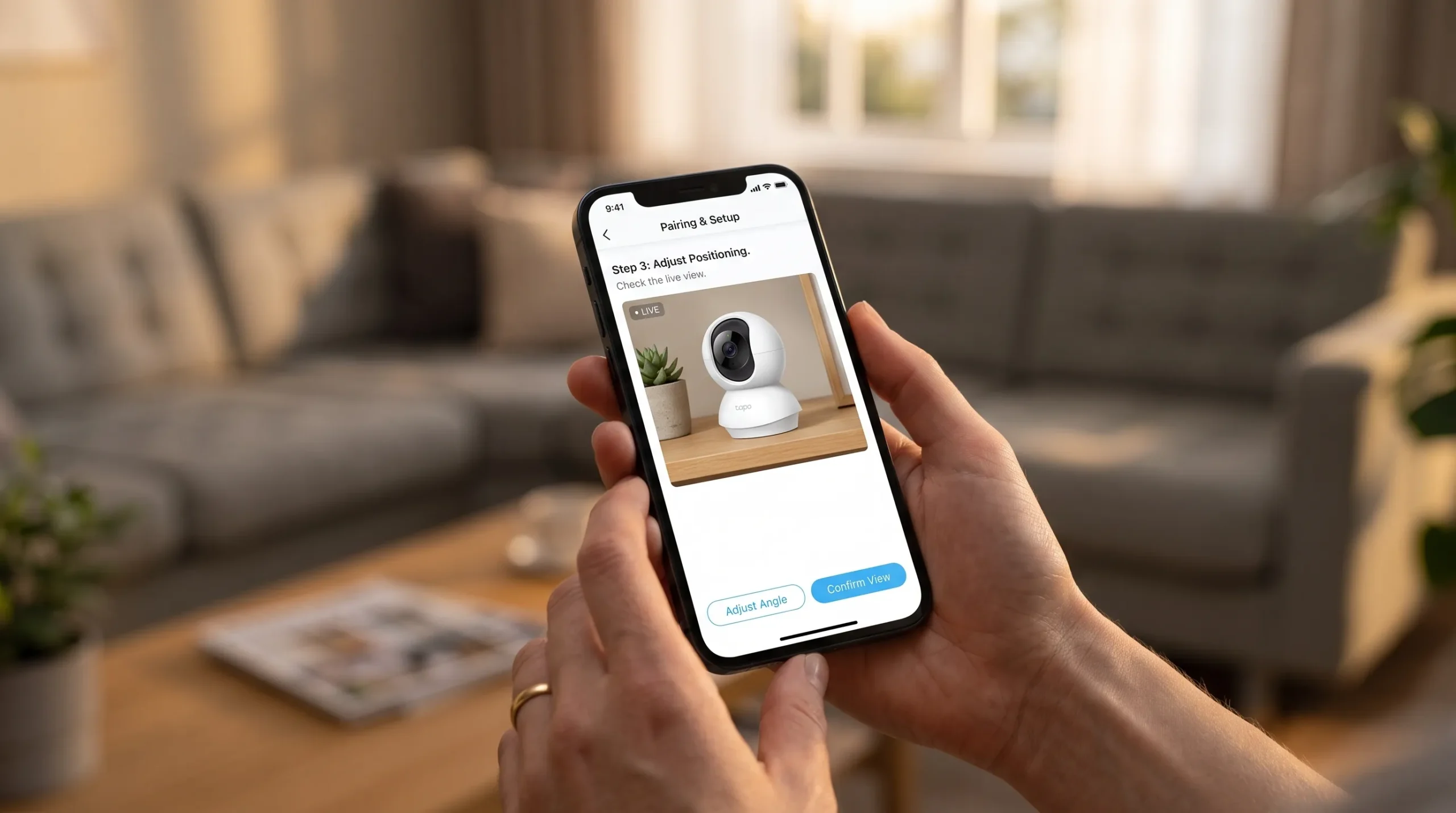 mãos segurando smartphone com app de câmera de segurança durante configuração Wi-Fi