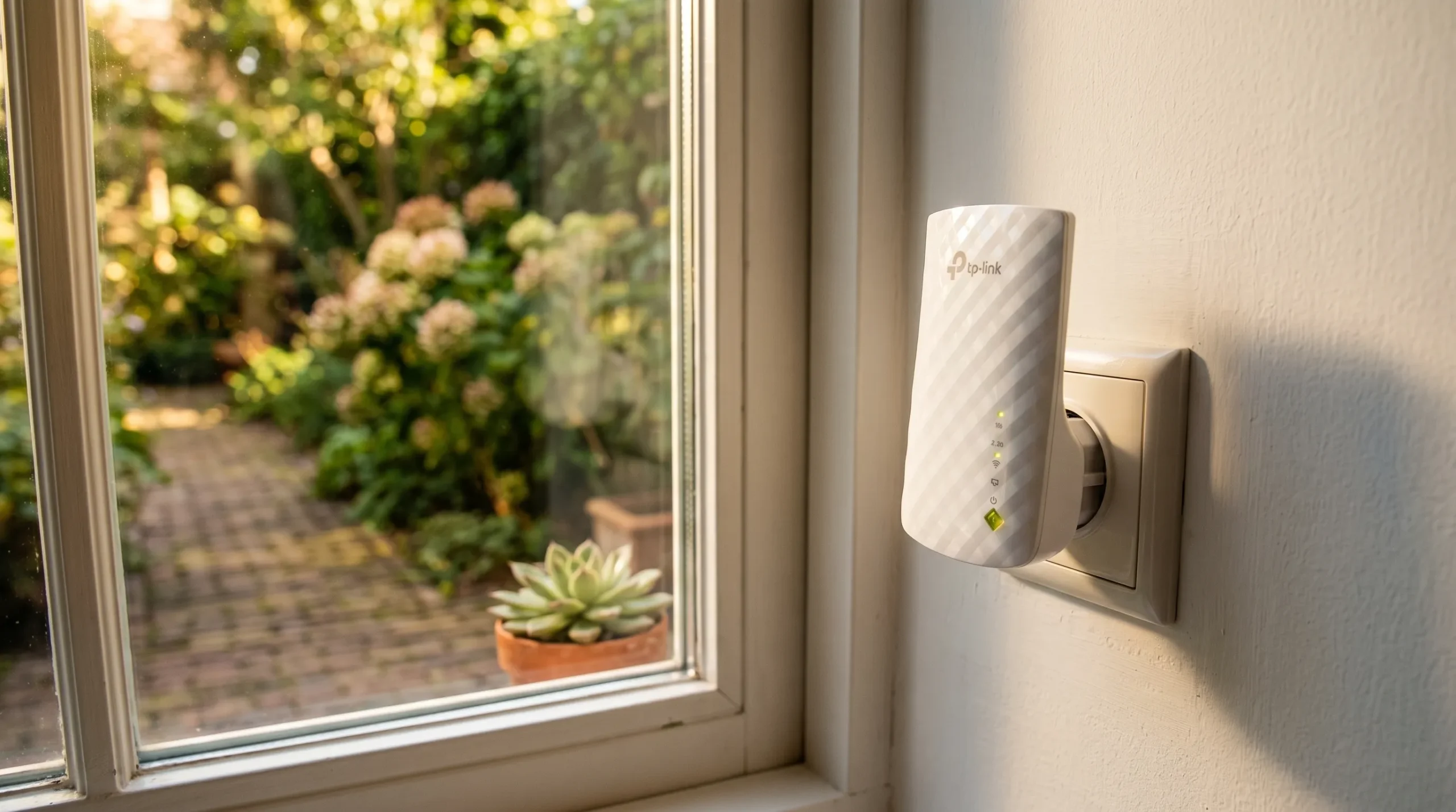 repetidor Wi-Fi TP-Link RE200 conectado em tomada próxima à janela para ampliar sinal até câmera externa